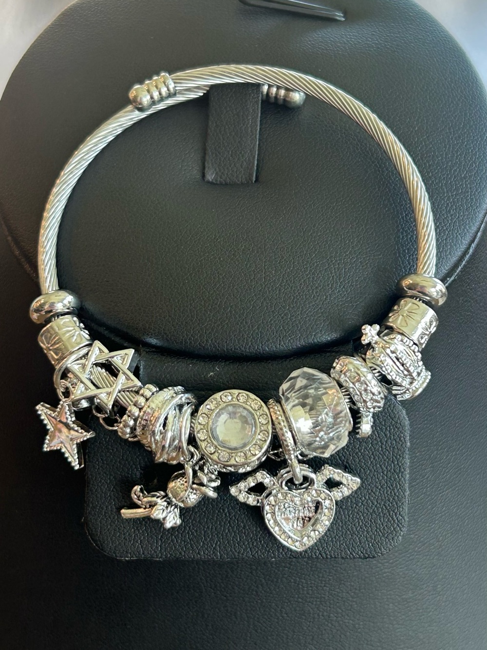 Brand New  Silver-Tone Charm Bangle Bracelet with Crystal and Heart Charms
